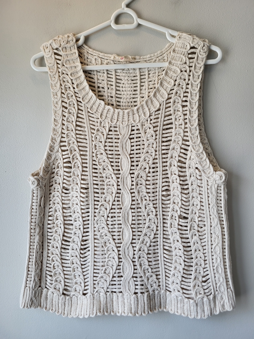 Solitaire Beachy Boho Summer Vacation Open-Knit Cable-Pattern Tank Top - Cream